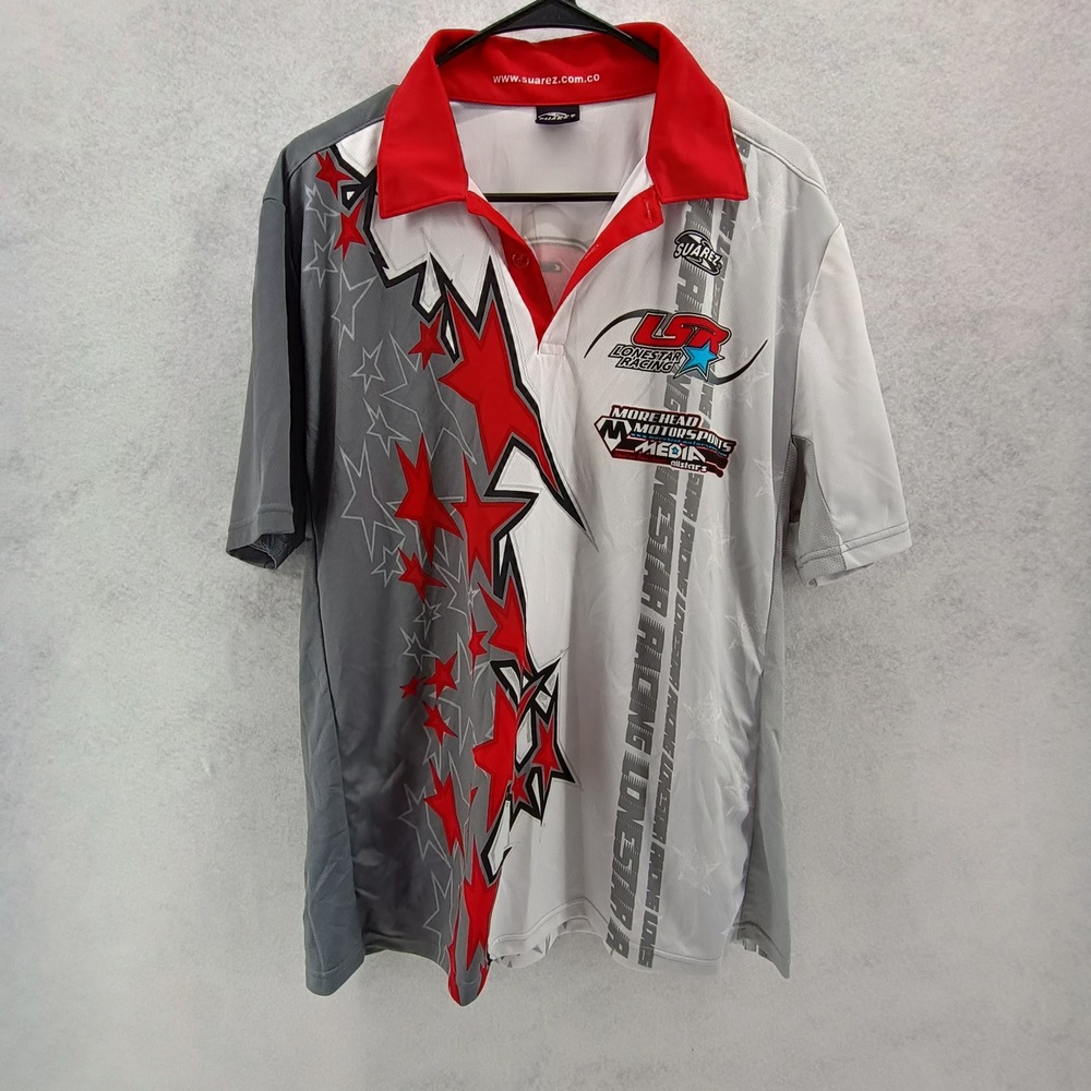 Suarez Mens Lonestar Racing Morehead Motorsports Polo Jersey Gray White Sz L